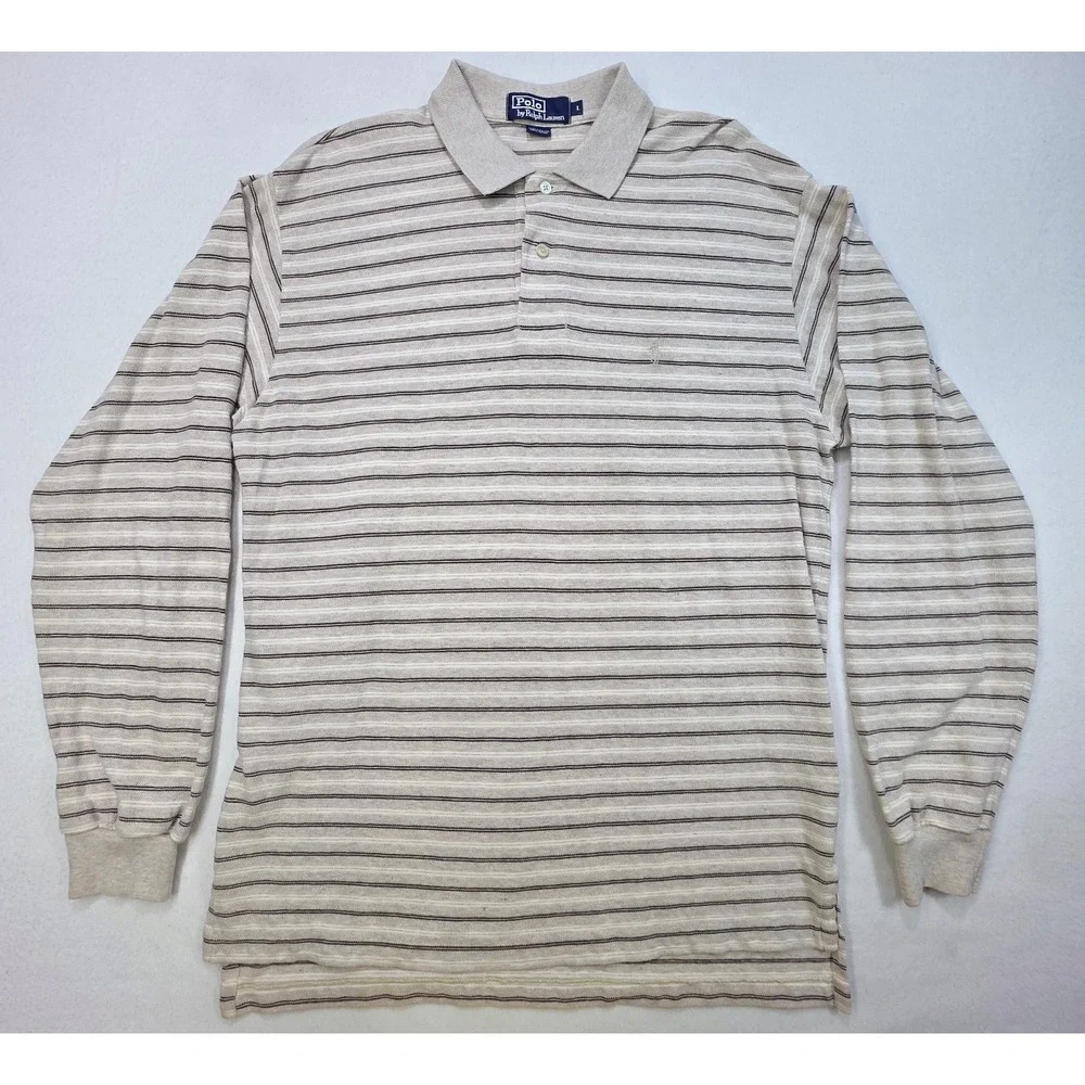 Polo Ralph Lauren Shirt Mens L Tan 90's Striped Strong Vintage Vibe‎ LIMITED USE